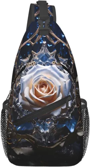 Crystal White Rose Patterned multifunctional crossbody chest bag, suitable for casual hiking, unisex, convenient travel backpack