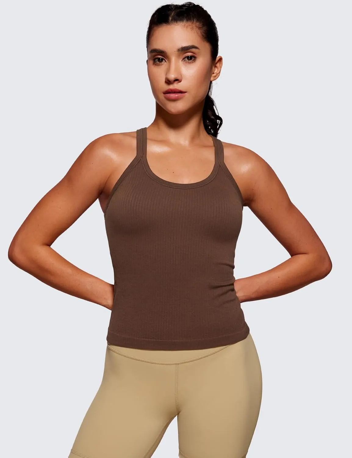 CRZ YOGA Seamless Ribbed Womens Tank Top Racerback Camisoles with Built in Bra Padded Scoop Neck Athletic Workout Slim Cami