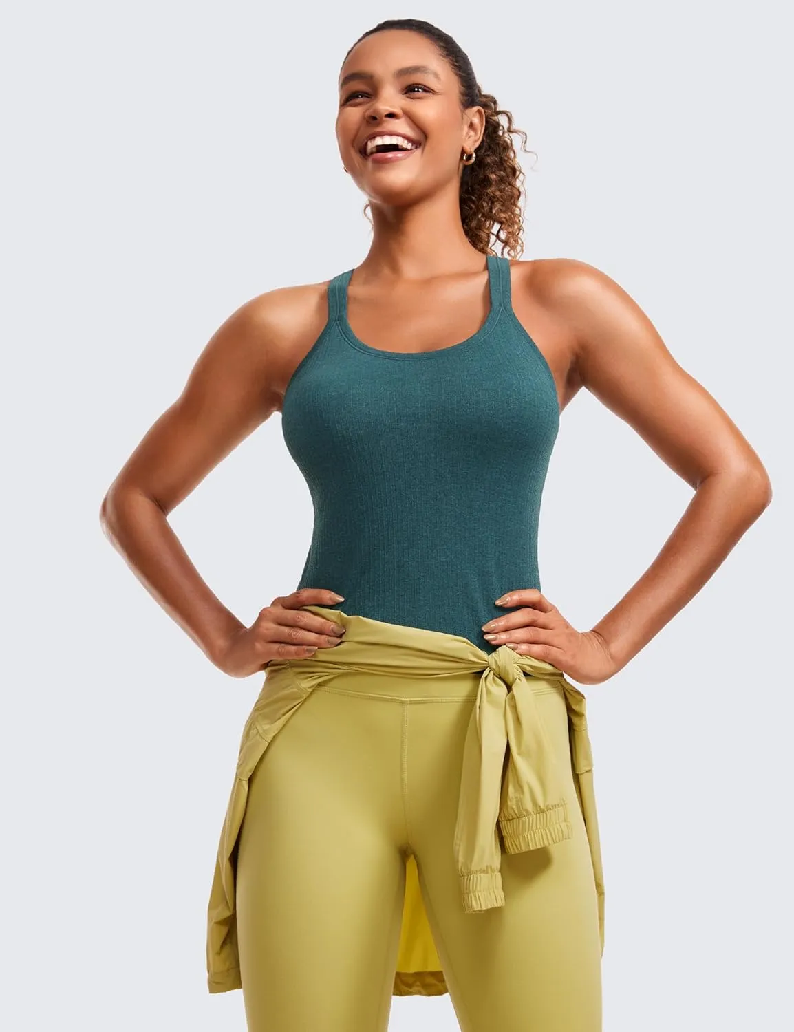 CRZ YOGA Seamless Ribbed Womens Tank Top Racerback Camisoles with Built in Bra Padded Scoop Neck Athletic Workout Slim Cami