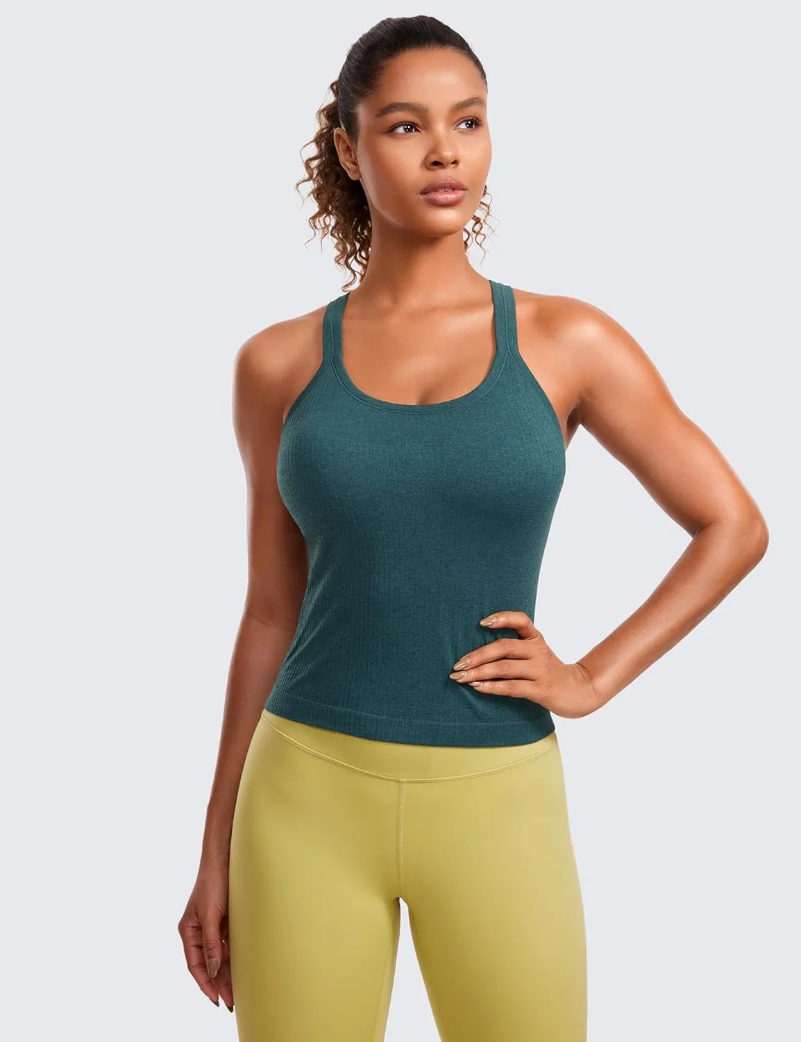 CRZ YOGA Seamless Ribbed Womens Tank Top Racerback Camisoles with Built in Bra Padded Scoop Neck Athletic Workout Slim Cami