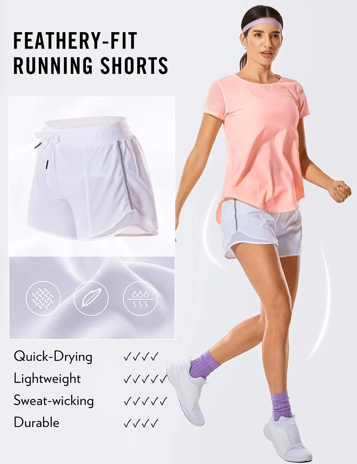 CRZ YOGA Womens Athletic Running Shorts with Zip Pocket, 4" Mid-Waist Mesh Liner Gym Workout Shorts