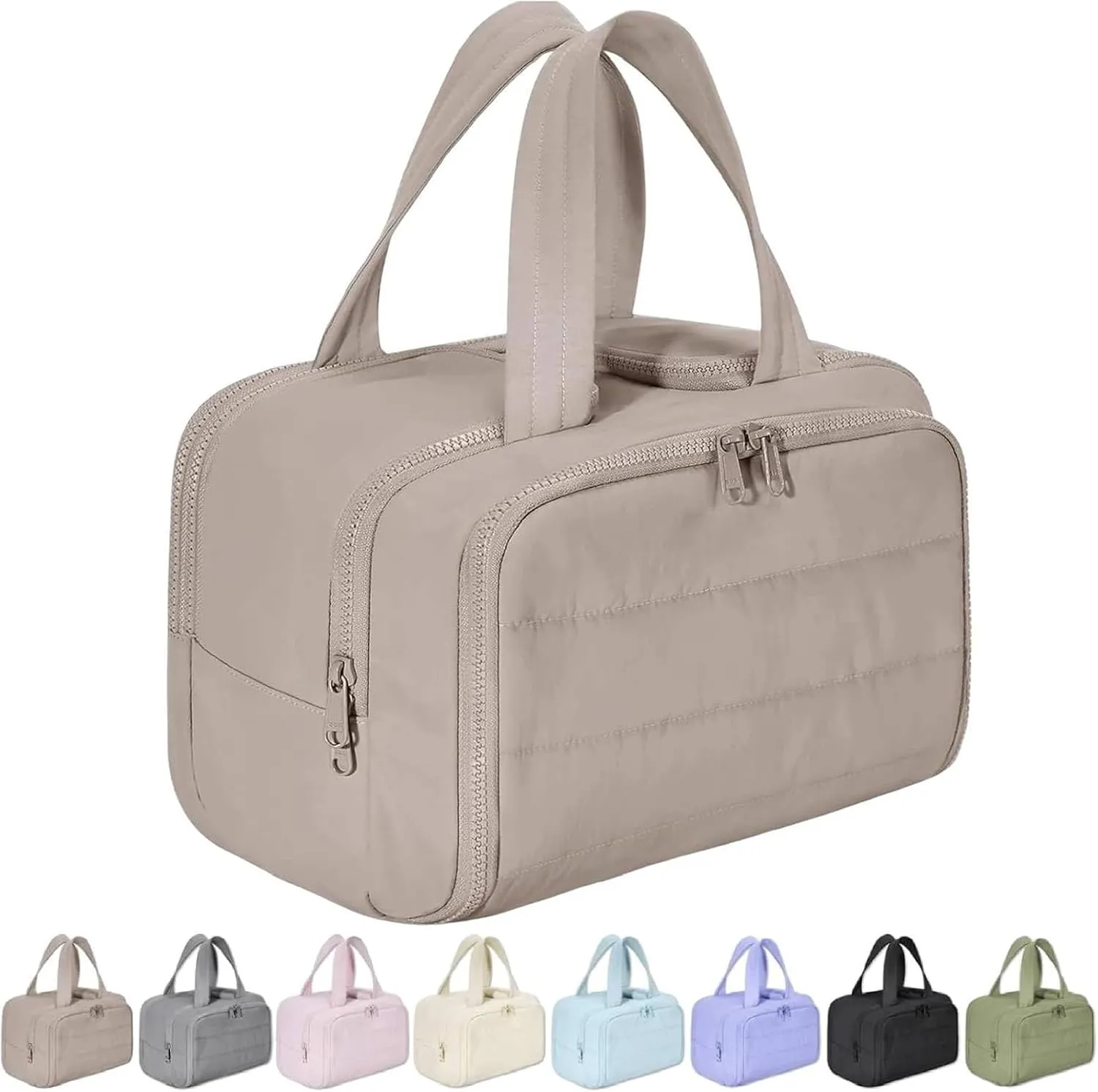 Cureaway Travel Cosmetic Bag, Curetoaway-Z Large Capacity Wide-Open Travel Cosmetic Bag, Curetoaway Toiletry Bag for Women with Divider and Handle, Dry-and-Wet Separation (Khaki)
