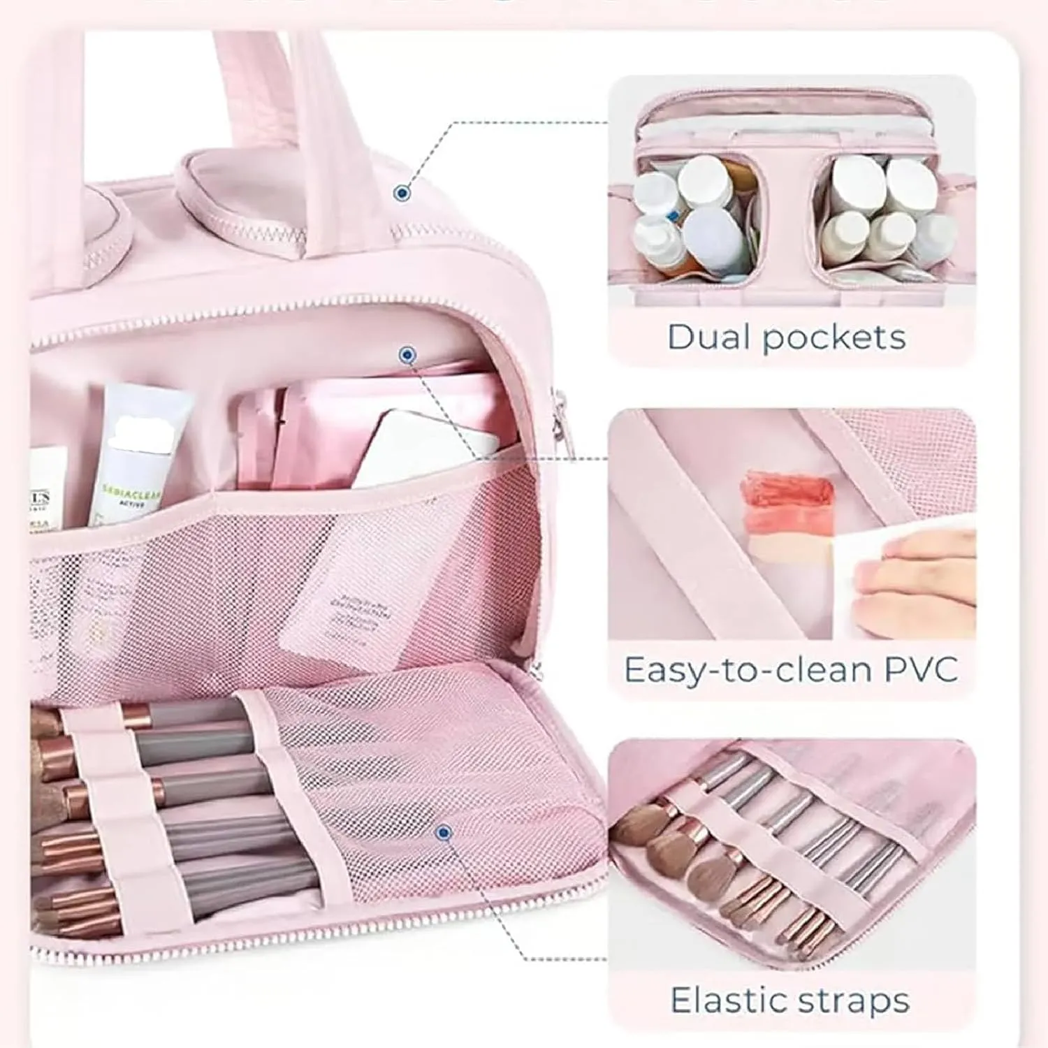 Cureaway Travel Cosmetic Bag, Curetoaway-Z Large Capacity Wide-Open Travel Cosmetic Bag, Curetoaway Toiletry Bag for Women with Divider and Handle, Dry-and-Wet Separation (Khaki)
