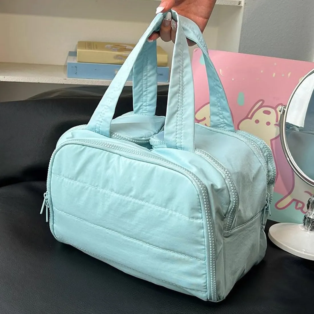 Cureaway Travel Cosmetic Bag, Large Capacity Wide-Open Travel Cosmetic Bag, Waterproof Portable Pouch Open Flat Toiletry Bags, Dry-And-Wet Separation (Beige)