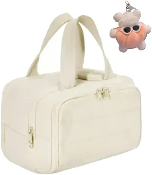 Cureaway Travel Cosmetic Bag, Large Capacity Wide-Open Travel Cosmetic Bag, Waterproof Portable Pouch Open Flat Toiletry Bags, Dry-And-Wet Separation (Beige)