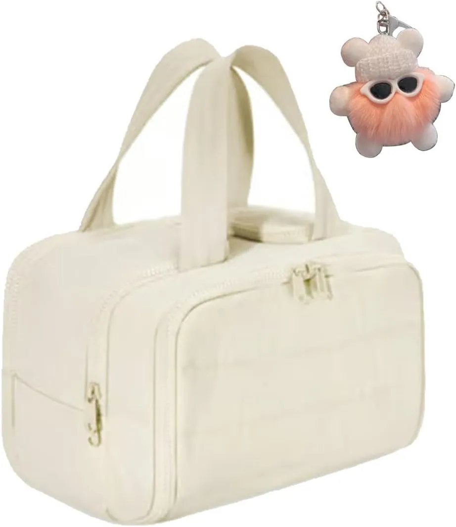 Cureaway Travel Cosmetic Bag, Large Capacity Wide-Open Travel Cosmetic Bag, Waterproof Portable Pouch Open Flat Toiletry Bags, Dry-And-Wet Separation (Beige)