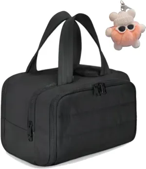 Cureaway Travel Cosmetic Bag, Large Capacity Wide-Open Travel Cosmetic Bag, Waterproof Portable Pouch Open Flat Toiletry Bags, Dry-And-Wet Separation (Black)
