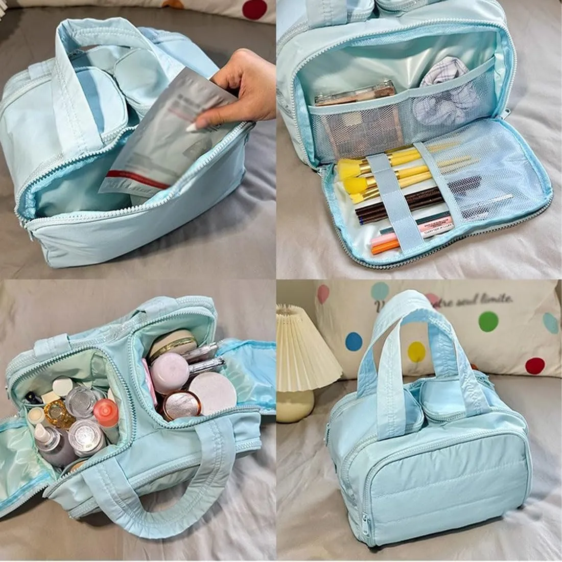 Cureaway Travel Cosmetic Bag, Large Capacity Wide-Open Travel Cosmetic Bag, Waterproof Portable Pouch Open Flat Toiletry Bags, Dry-And-Wet Separation (Black)