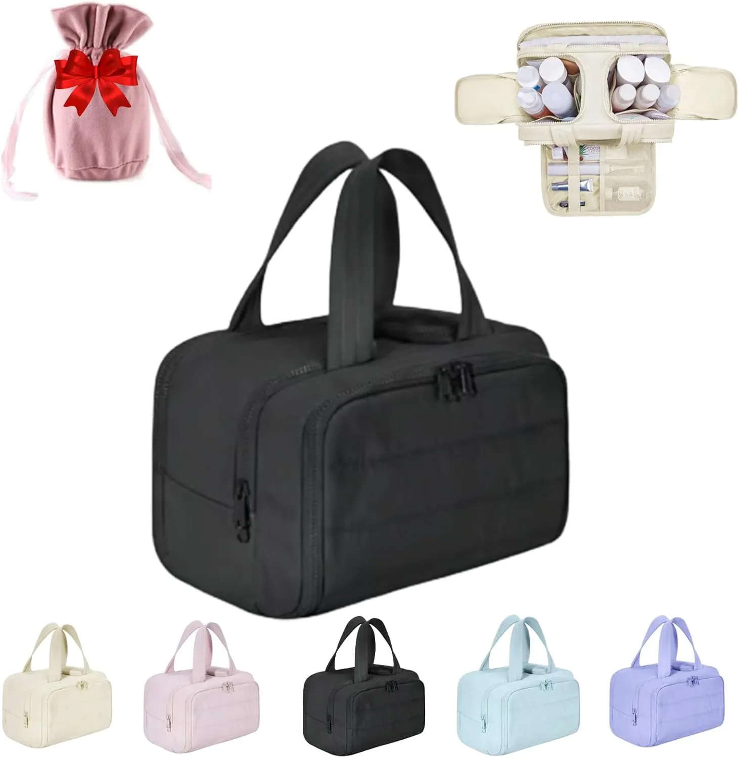 Curetoaway Travel Makeup Bag for Women, Large Capacity 4-in-1 Toiletry Organizer, Waterproof Hanging Cosmetic Bag, Wet/Dry Separation (Black)