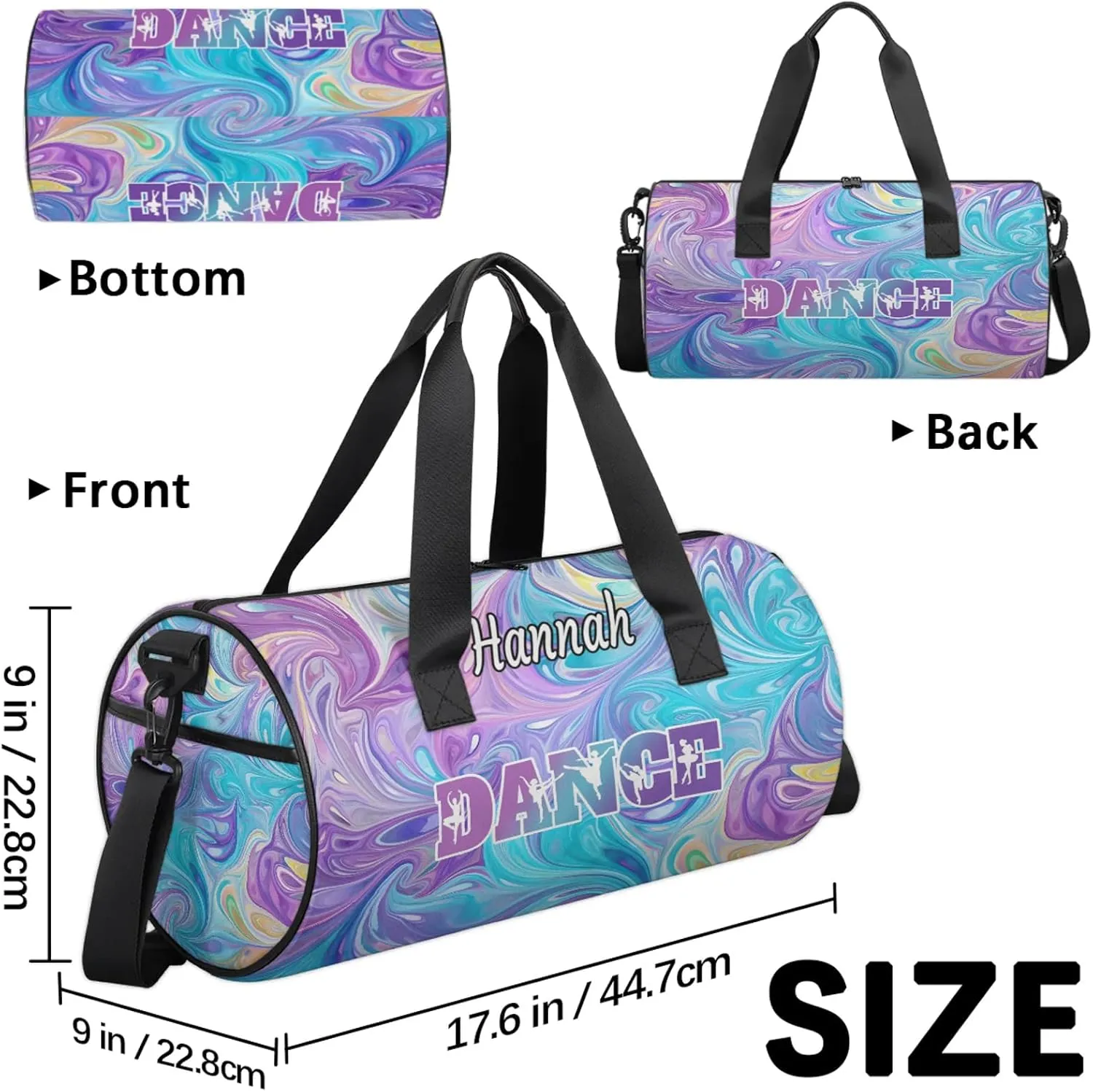 Custom Dance Duffel Bag with Name Round Personalized Dance Ballet Bags Waterproof Customized Travel Bag Carry-On Tote 17.6in, Blue Purple Oil Painting