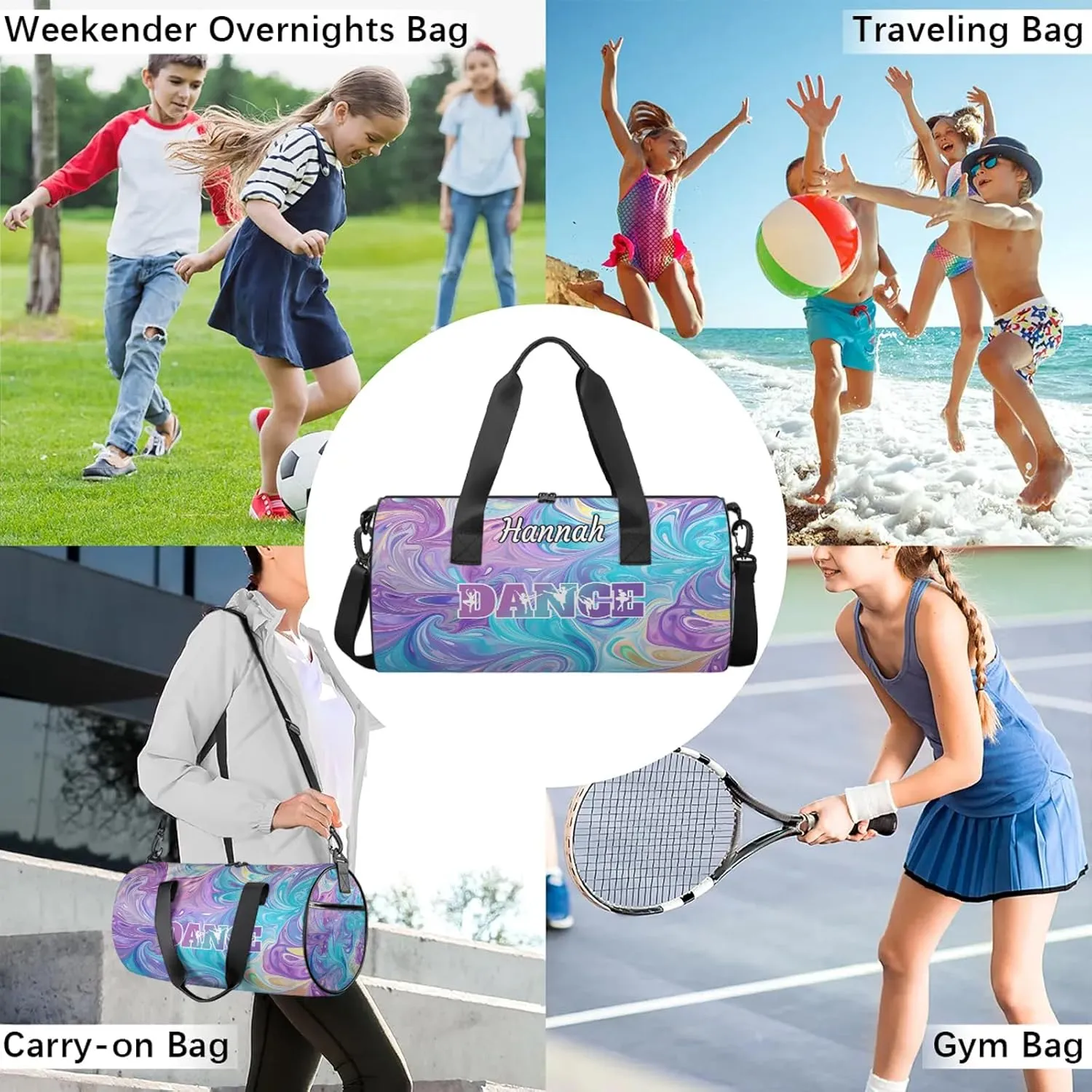 Custom Dance Duffel Bag with Name Round Personalized Dance Ballet Bags Waterproof Customized Travel Bag Carry-On Tote 17.6in, Blue Purple Oil Painting