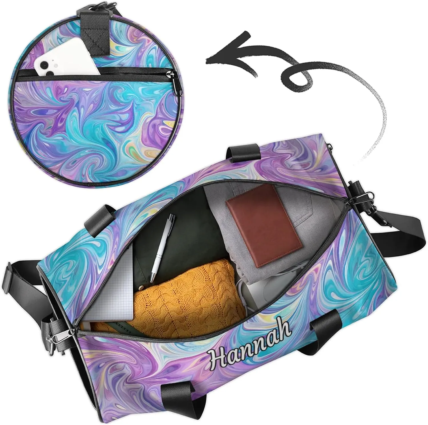 Custom Dance Duffel Bag with Name Round Personalized Dance Ballet Bags Waterproof Customized Travel Bag Carry-On Tote 17.6in, Blue Purple Oil Painting