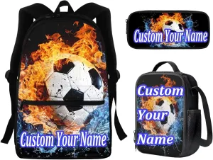 Custom Football Backpack for Boys 8-10 Personalized School Book Bag with Lunch Box Pencil Case Fire Soccer Schoolbag Back Packs Set of 3 Elementary Kindergarten School Daycare Bag Satchel