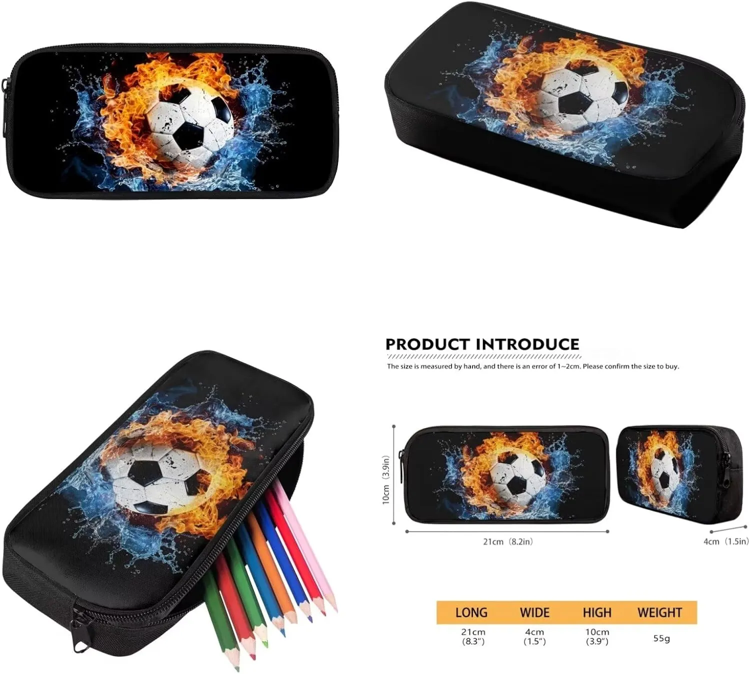 Custom Football Backpack for Boys 8-10 Personalized School Book Bag with Lunch Box Pencil Case Fire Soccer Schoolbag Back Packs Set of 3 Elementary Kindergarten School Daycare Bag Satchel