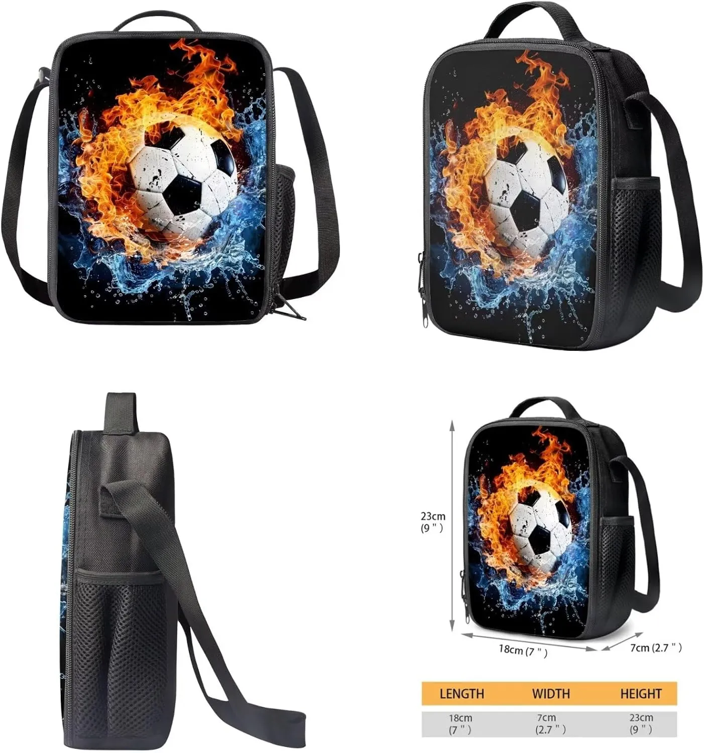 Custom Football Backpack for Boys 8-10 Personalized School Book Bag with Lunch Box Pencil Case Fire Soccer Schoolbag Back Packs Set of 3 Elementary Kindergarten School Daycare Bag Satchel