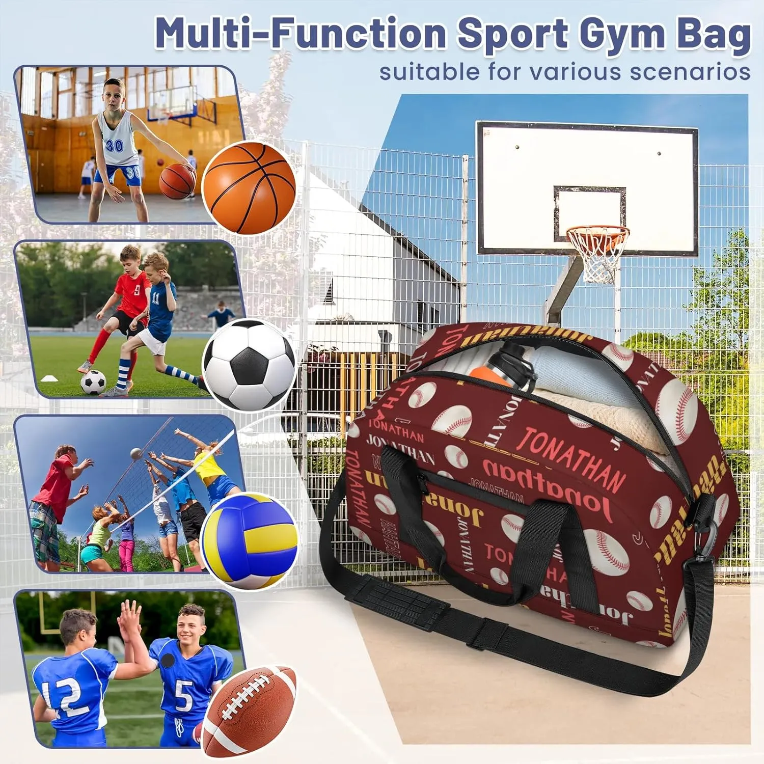 Custom-Personalize-Kids-Duffel-Bags with Name Text Carry-On Overnight Travel Gym Lightweight Dance Sports Bags For Girls Boys Kids Baseball