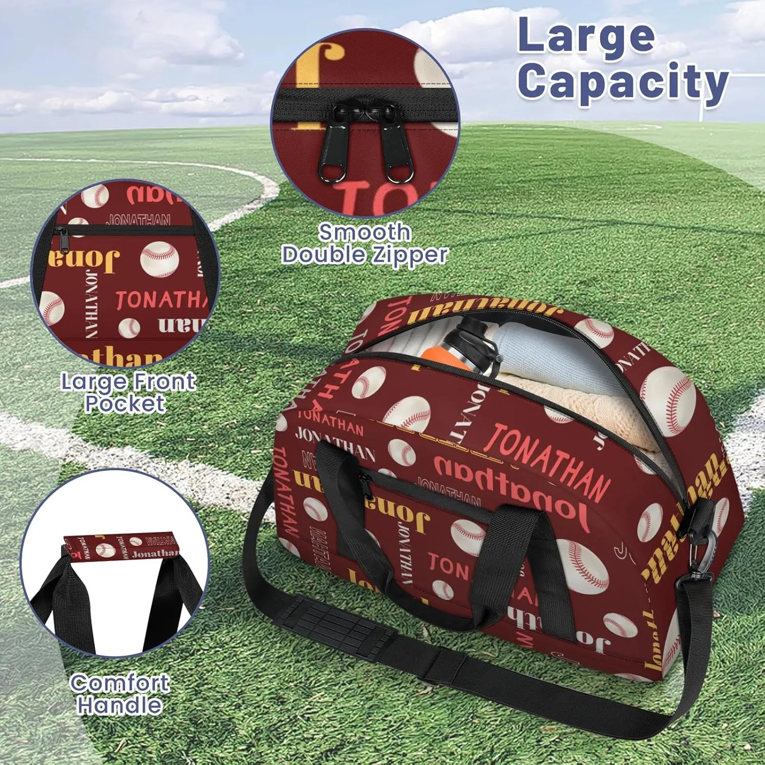 Custom-Personalize-Kids-Duffel-Bags with Name Text Carry-On Overnight Travel Gym Lightweight Dance Sports Bags For Girls Boys Kids Baseball