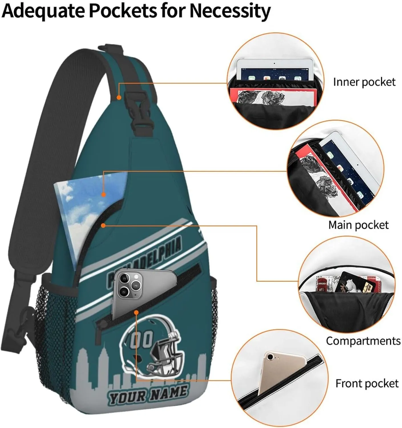 Custom Philadelphia Sling Bag, Personalized Crossbody Bags For Men Women, Customize Name And Number Sling Shoulder Backpack For Travel Hiking Daypack Sports Outdoor