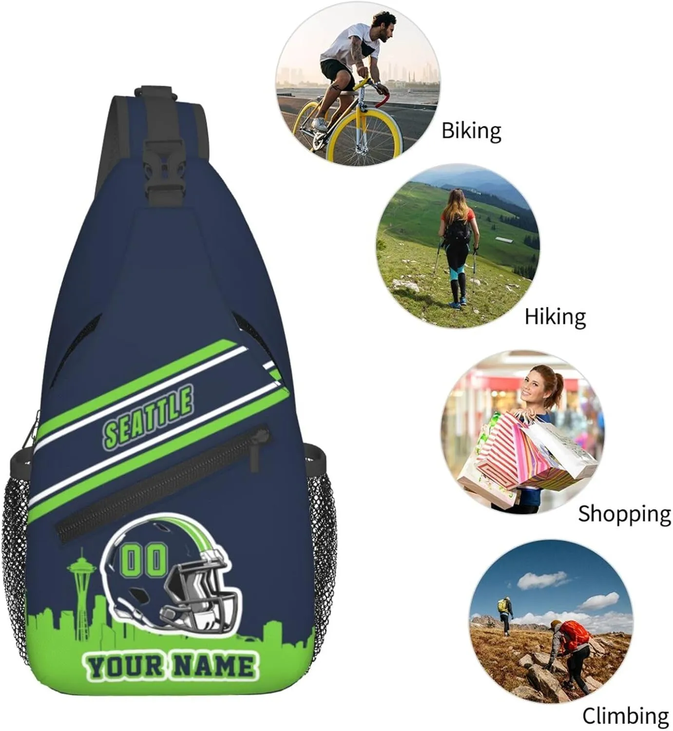 Custom Seattle Sling Bag, Personalized Crossbody Bags For Men Women, Customize Name And Number Sling Shoulder Backpack For Travel Hiking Daypack Sports Outdoor