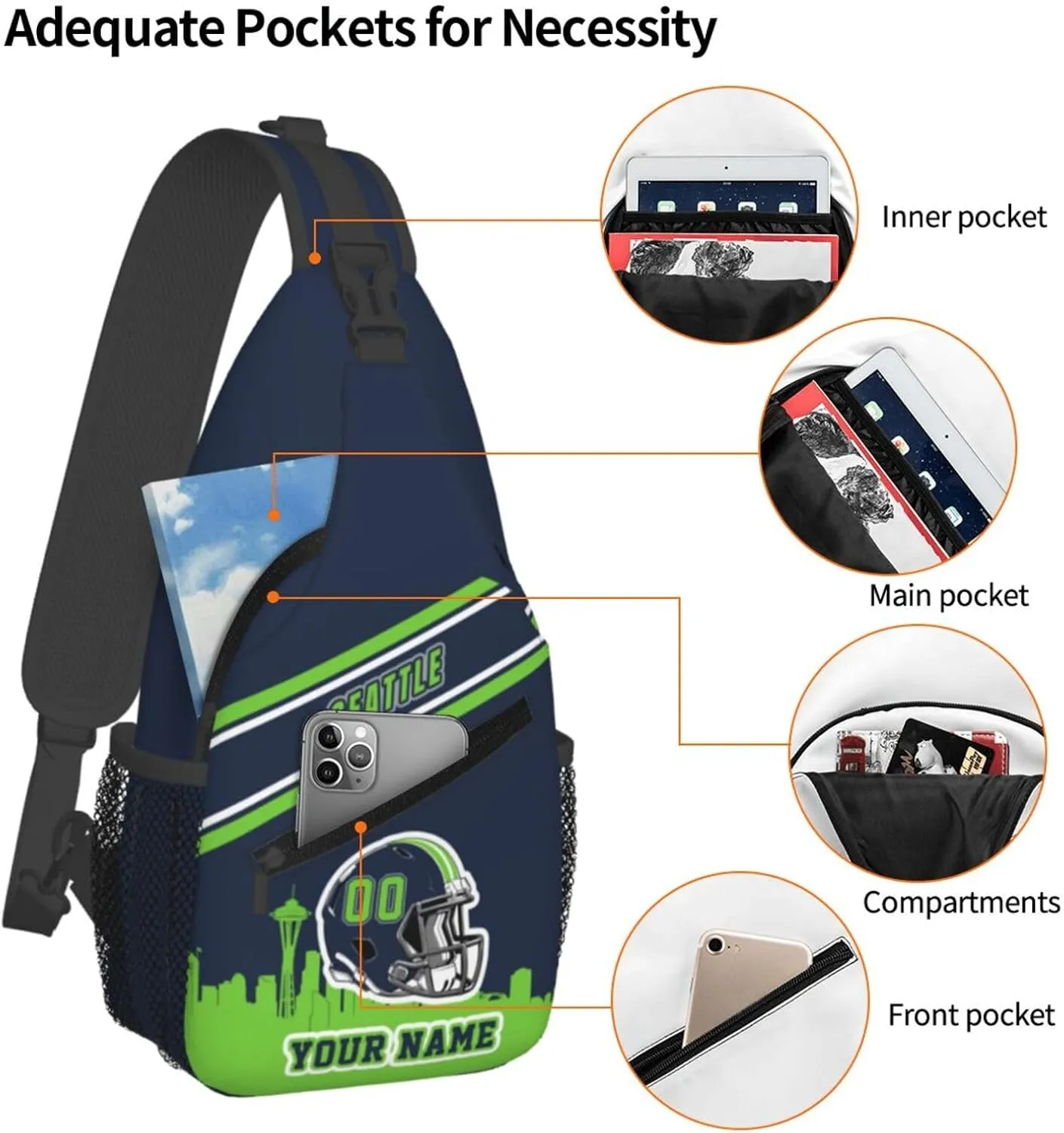 Custom Seattle Sling Bag, Personalized Crossbody Bags For Men Women, Customize Name And Number Sling Shoulder Backpack For Travel Hiking Daypack Sports Outdoor
