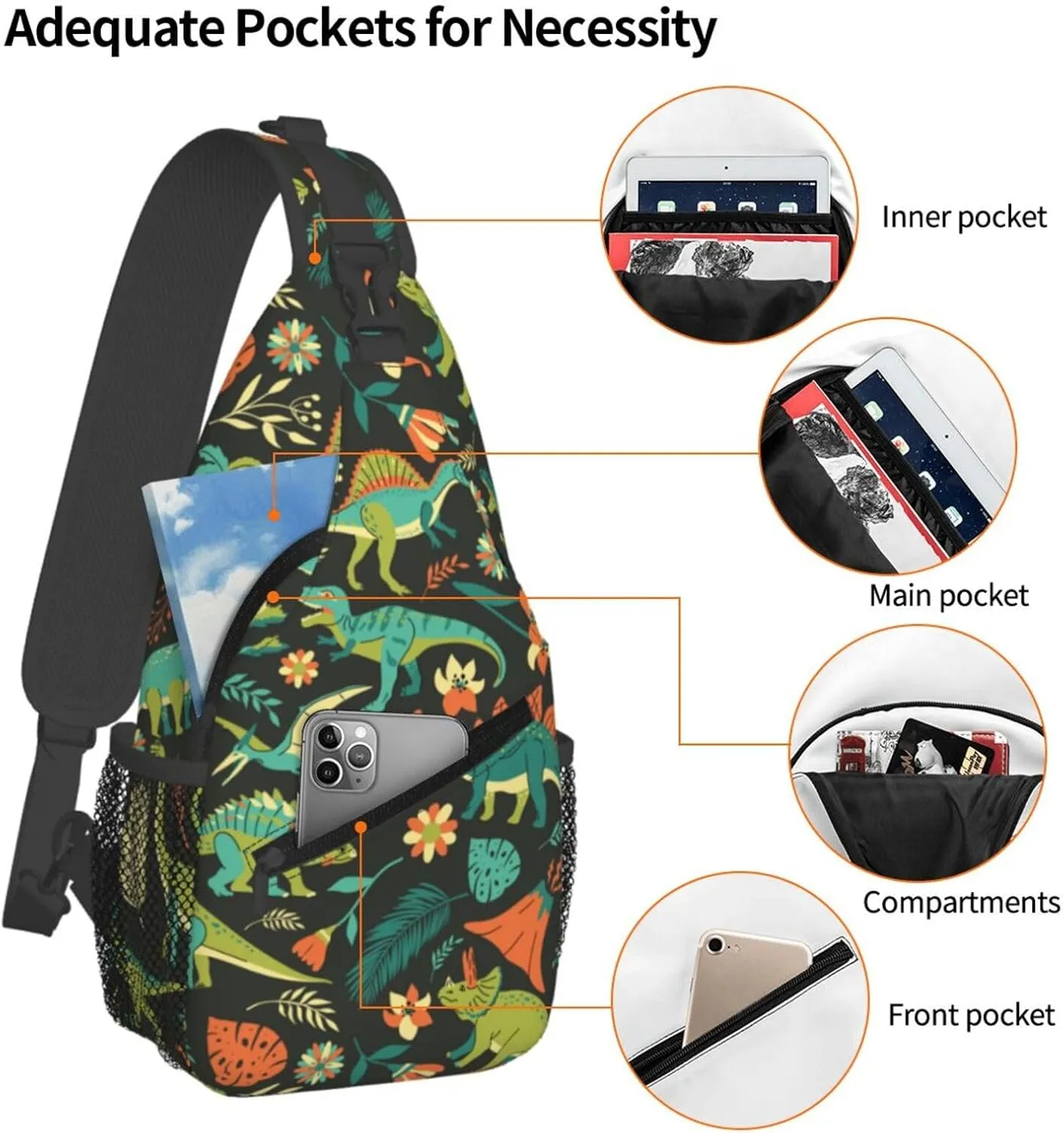 Cute Dinosaur Sling Backpack Shoulder Chest Bag For Men Women Hiking Travel Crossbody Daypack