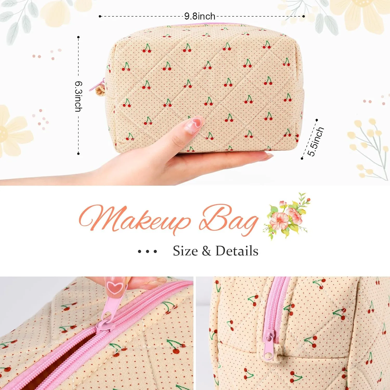 Cute Makeup Bag Quilted Cosmetic Bag Puffy Coquette Makeup pouch Aesthetic Large Cherry Travel Toiletry Bag Organizer cotton Makeup Brushes Storage Bag for Women
