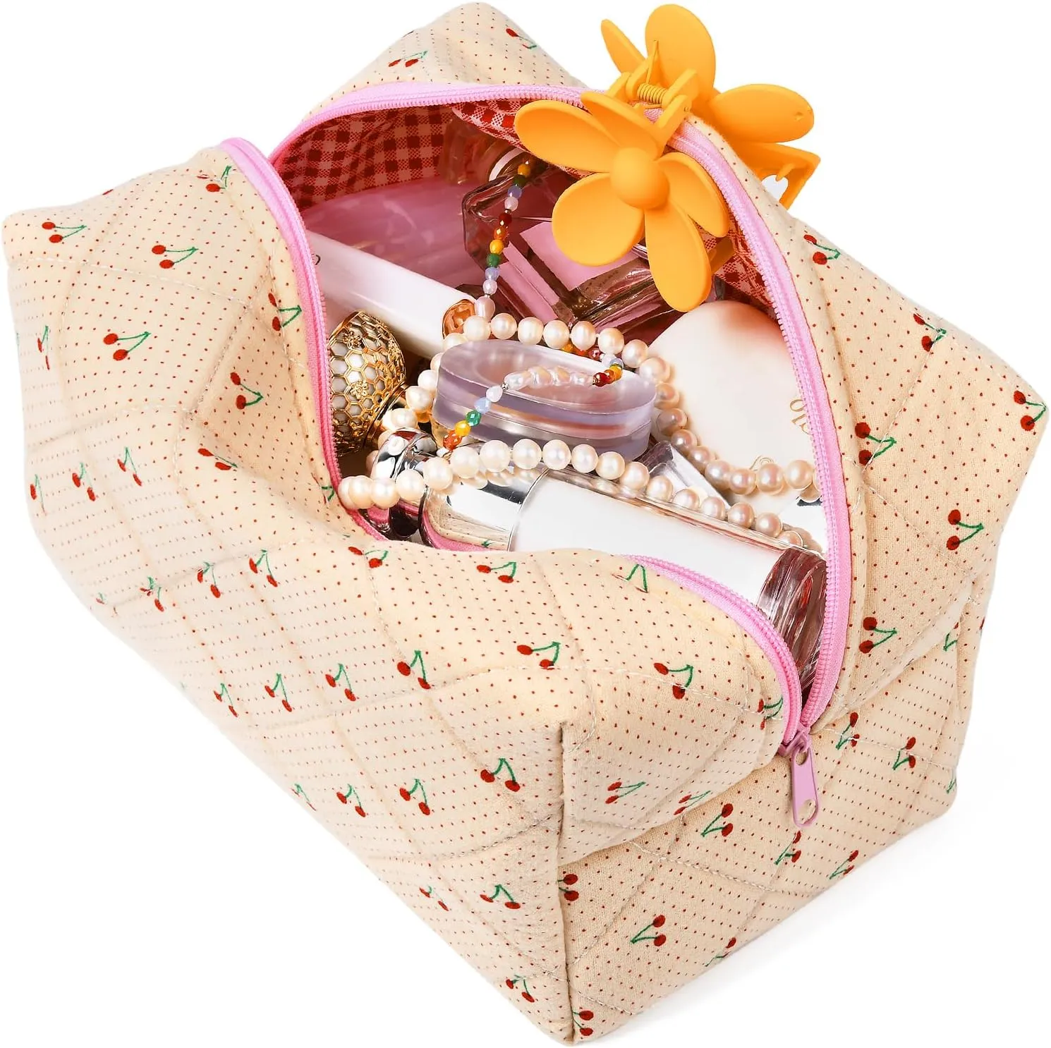 Cute Makeup Bag Quilted Cosmetic Bag Puffy Coquette Makeup pouch Aesthetic Large Cherry Travel Toiletry Bag Organizer cotton Makeup Brushes Storage Bag for Women