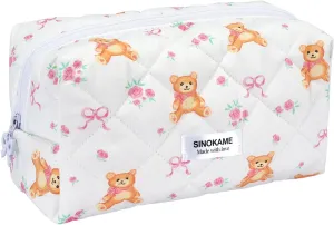 Cute Quilted Makeup Bag Pencil Pouch, Handmade Bow Floral Aesthetic Cosmetic Pencil Case Toiletry Brushes Organizer Bag for Women， Bear Core