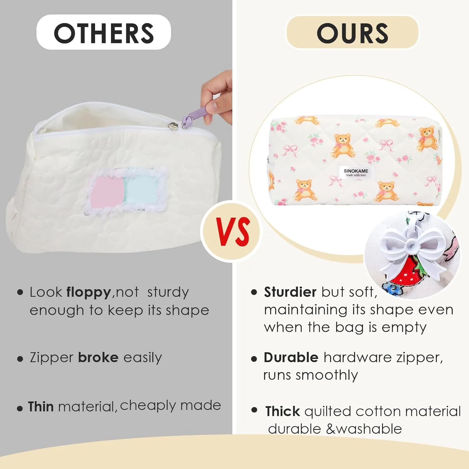 Cute Quilted Makeup Bag Pencil Pouch, Handmade Bow Floral Aesthetic Cosmetic Pencil Case Toiletry Brushes Organizer Bag for Women， Bear Core