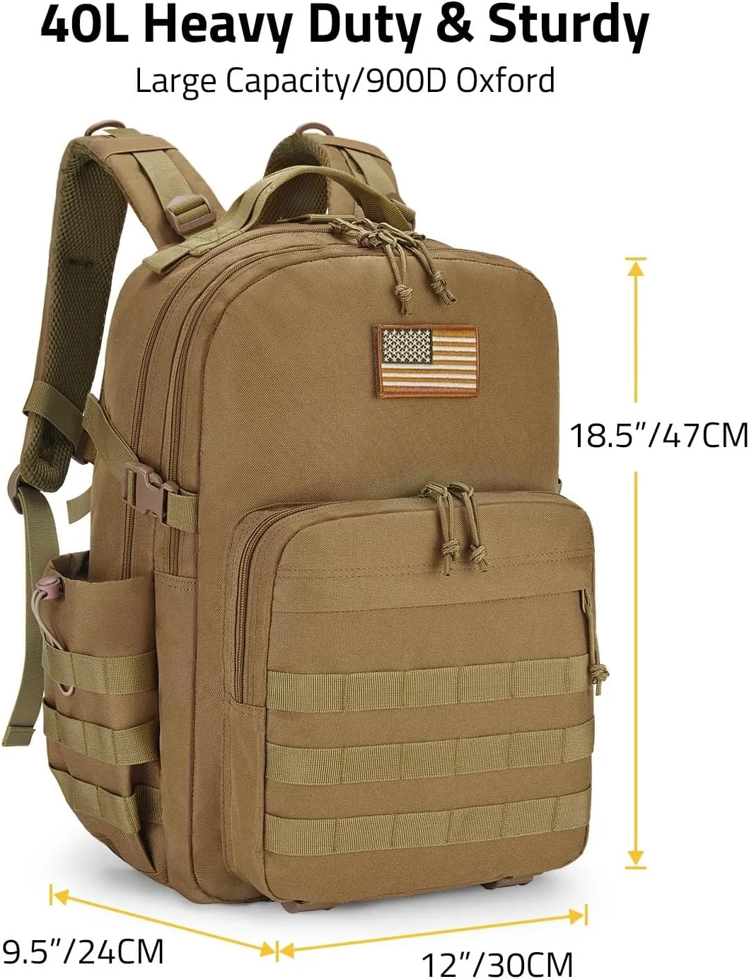 CVLIFE Military Travel Backpack for Men 40L Tactical Work Backpack Molle Rucksack Large Bookbag Army Day Pack with Bottle Holder for Women Outdoor Camping Sport Hiking Trekking Everyday Carry, Tan