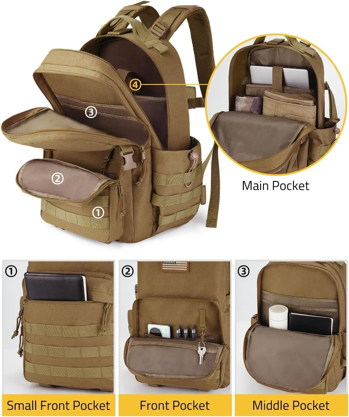 CVLIFE Military Travel Backpack for Men 40L Tactical Work Backpack Molle Rucksack Large Bookbag Army Day Pack with Bottle Holder for Women Outdoor Camping Sport Hiking Trekking Everyday Carry, Tan