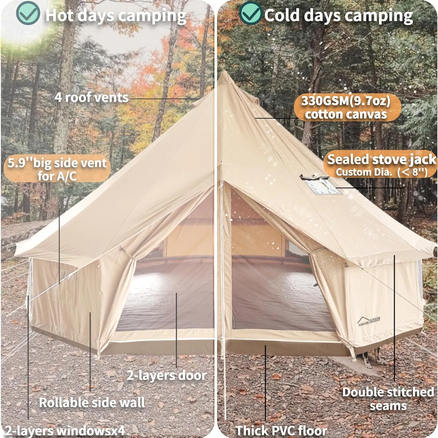 DANCHEL OUTDOOR B5PRO 4 Season Canvas Bell Tent with 2 Stove Jacks, Glamping Yurt Tent for All Year Living 4/6/8 Person Large Hot Tent Camping, 13/16.4/20ft
