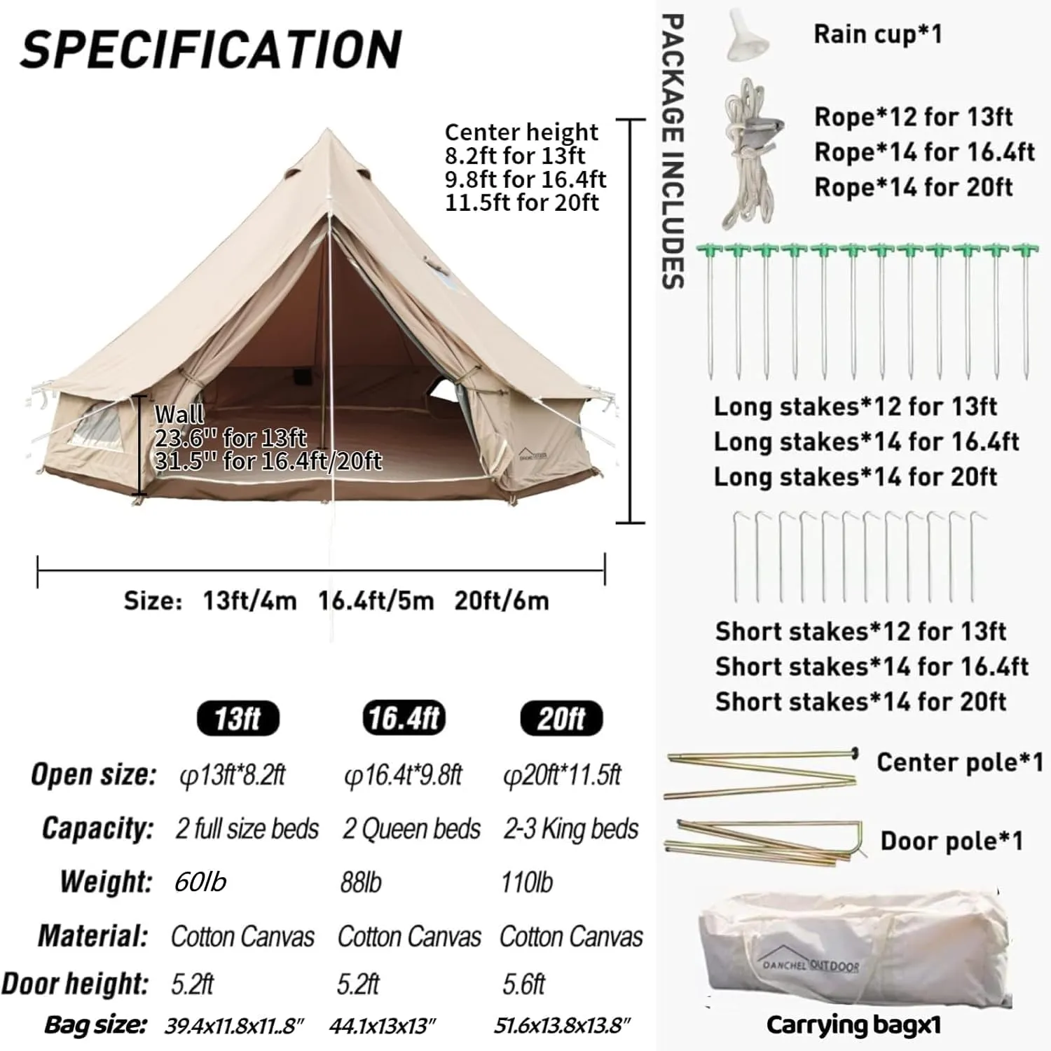 DANCHEL OUTDOOR B5PRO 4 Season Canvas Bell Tent with 2 Stove Jacks, Glamping Yurt Tent for All Year Living 4/6/8 Person Large Hot Tent Camping, 13/16.4/20ft