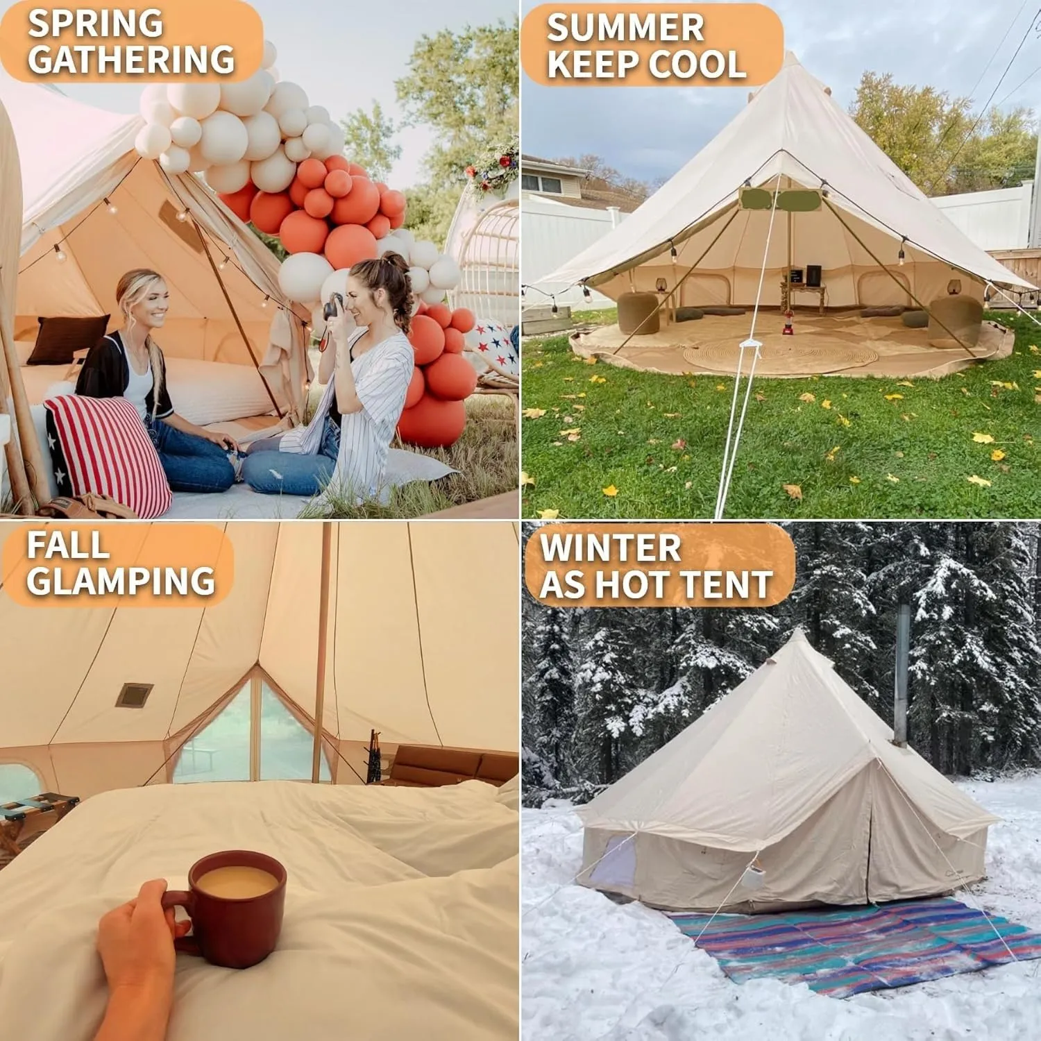 DANCHEL OUTDOOR B5PRO 4 Season Canvas Bell Tent with 2 Stove Jacks, Glamping Yurt Tent for All Year Living 4/6/8 Person Large Hot Tent Camping, 13/16.4/20ft