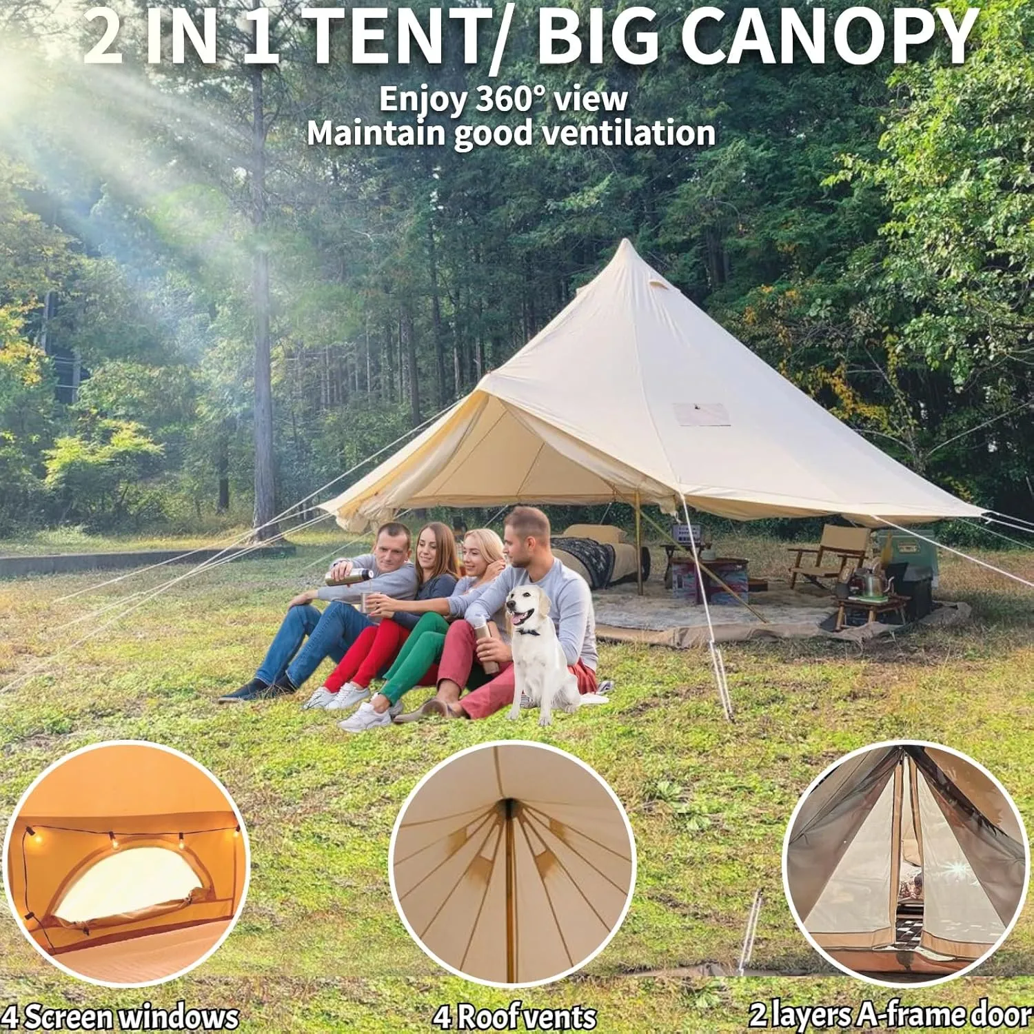 DANCHEL OUTDOOR B5PRO 4 Season Canvas Bell Tent with 2 Stove Jacks, Glamping Yurt Tent for All Year Living 4/6/8 Person Large Hot Tent Camping, 13/16.4/20ft