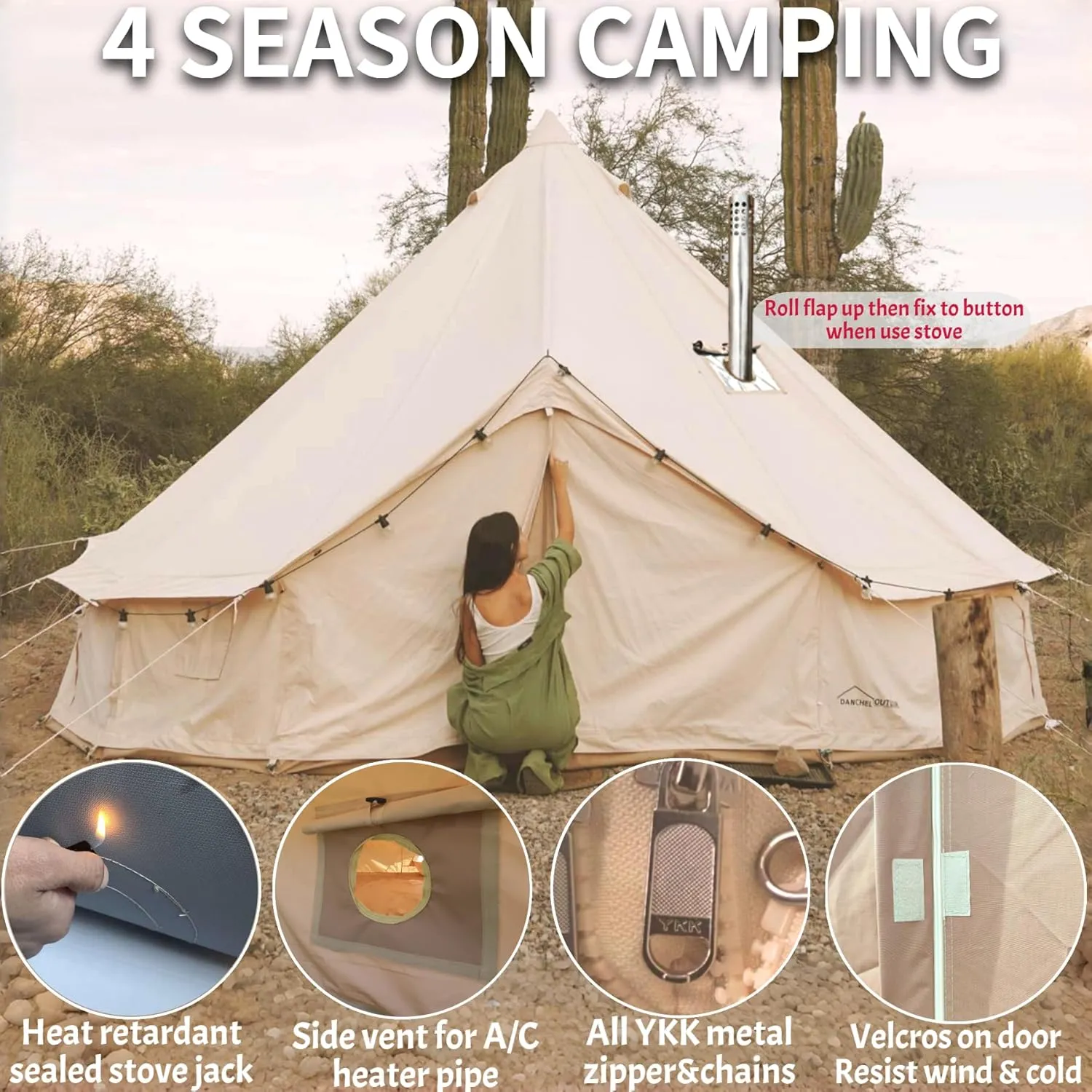 DANCHEL OUTDOOR B5PRO 4 Season Canvas Bell Tent with 2 Stove Jacks, Glamping Yurt Tent for All Year Living 4/6/8 Person Large Hot Tent Camping, 13/16.4/20ft