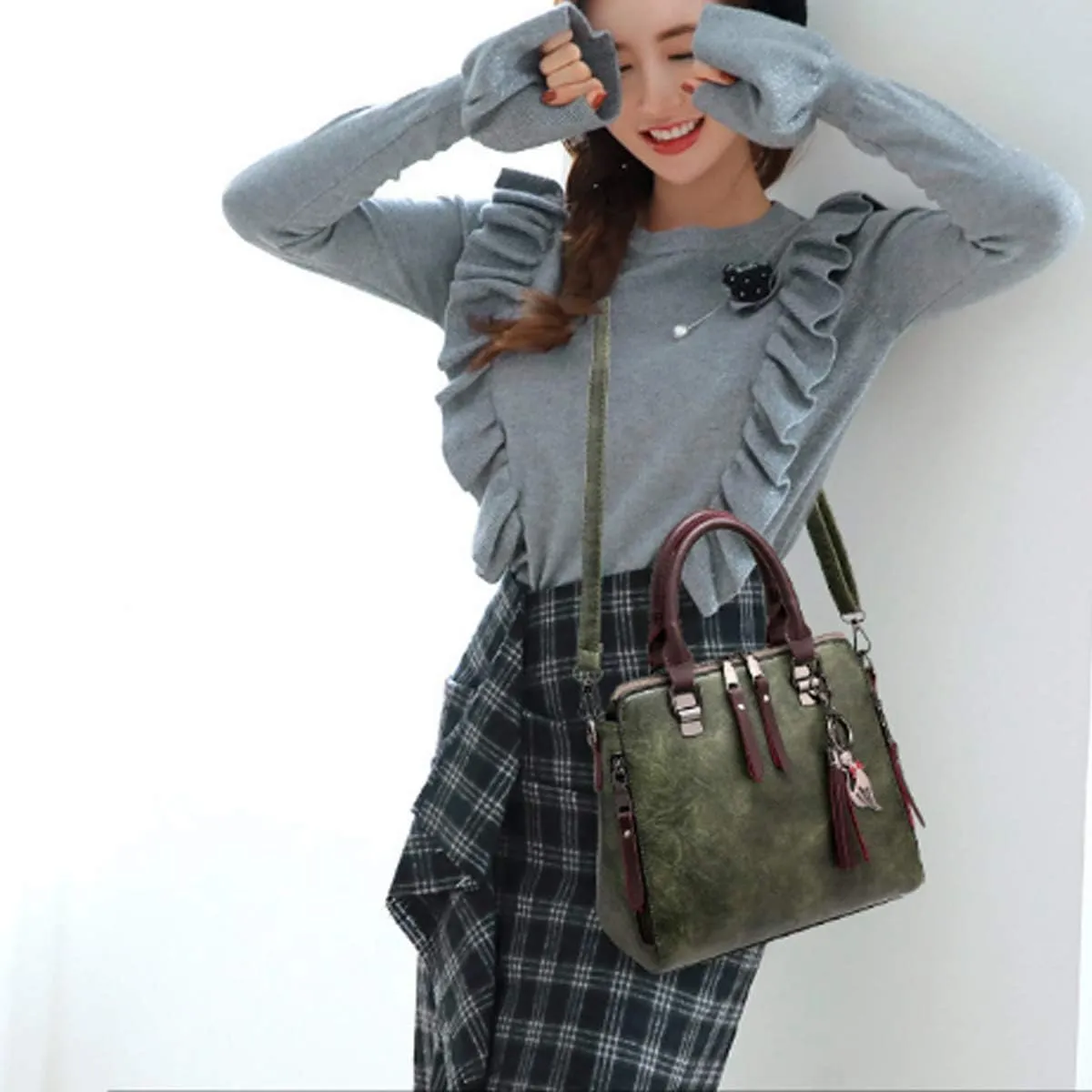 Dayfine Women Handbags Leather Satchel Tote Bags Top Handle Handbag Shoulder Bag Zip Purses Crossbody Bag Cute Cat Pendant