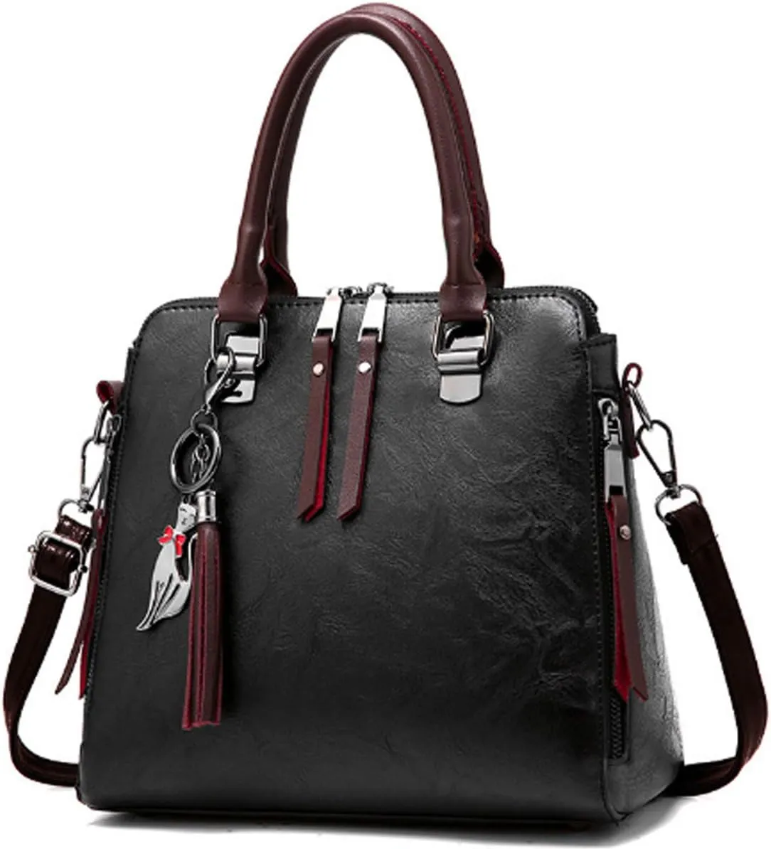 Dayfine Women Handbags Leather Satchel Tote Bags Top Handle Handbag Shoulder Bag Zip Purses Crossbody Bag Cute Cat Pendant
