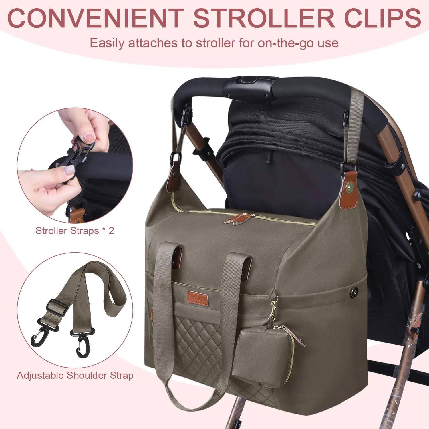Diaper Bag Tote, Diaper Baby Bags with Pacifier Case, Shoulder Straps, Stroller Clips, Waterproof Large Mommy Maternity Travel Baby Bag for Mom and Dad, khaki, Medium