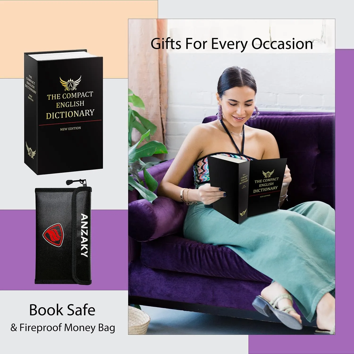 Dictionary Diversion Book Safe with Combination Lock and Fireproof Money Bag, ANZAKY Dictionary Storage Box for Cash Safe Hidden, Money Hiding Box, Secret Portable Metal Compartment Safe