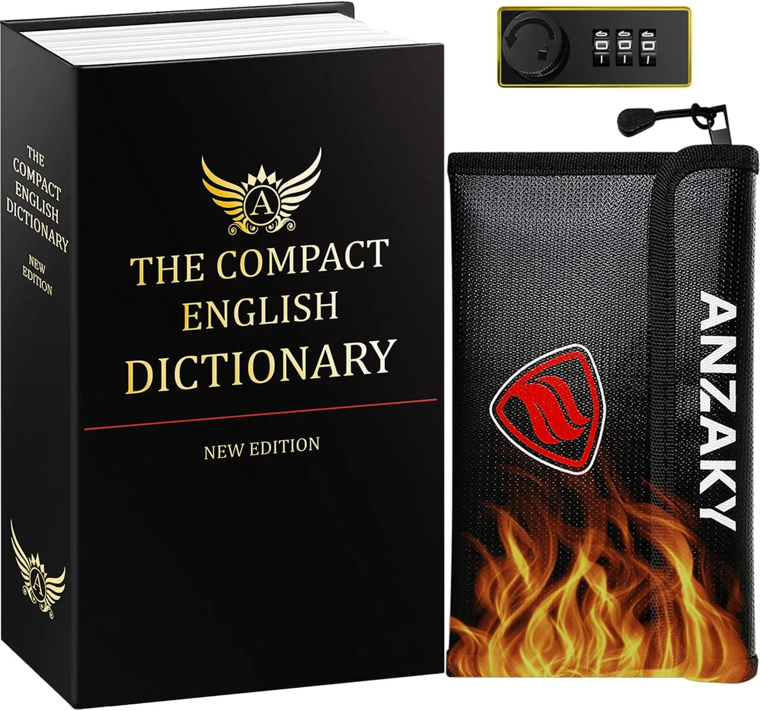 Dictionary Diversion Book Safe with Combination Lock and Fireproof Money Bag, ANZAKY Dictionary Storage Box for Cash Safe Hidden, Money Hiding Box, Secret Portable Metal Compartment Safe