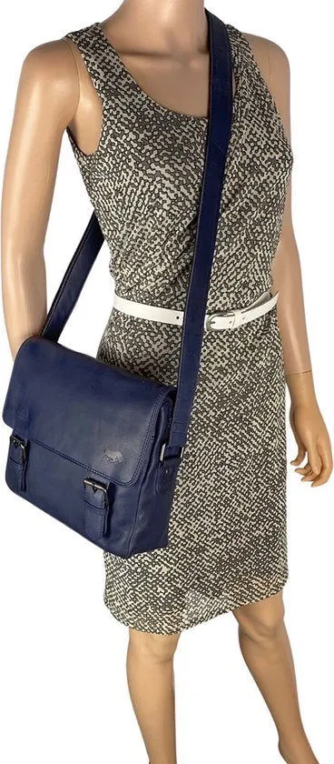 Donkerblauwe leren schoudertas voor dames – stijlvolle messenger bag, perfect als crossbody tas voor dagelijks gebruik.