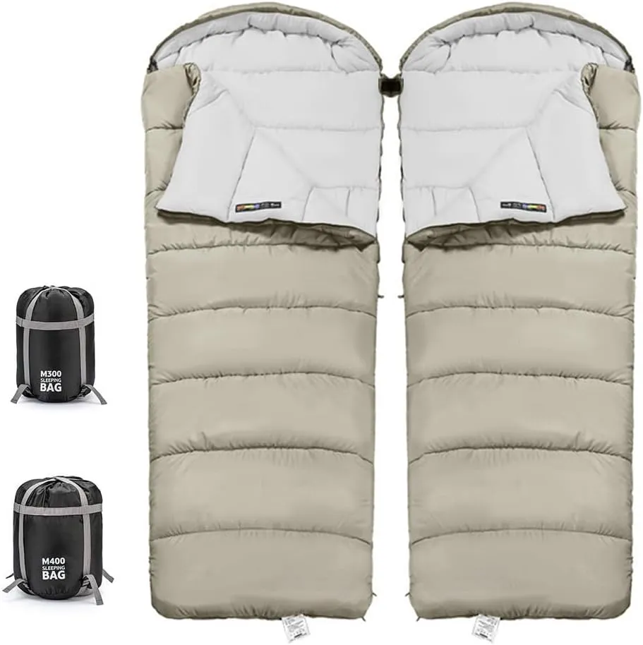 Double Persons Sleeping Bags for Adults Cold Weather 12°C- -18°C Cold-Resistant with Hooded Anti-Splashing for Camping Split Into Single Use, 1.2KG, Khaki