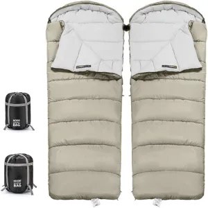 Double Persons Sleeping Bags for Adults Cold Weather 12°C- -18°C Cold-Resistant with Hooded Anti-Splashing for Camping Split Into Single Use, 1.2KG, Khaki