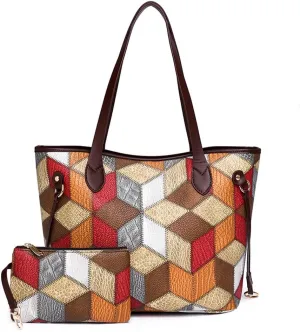 Downupdown Vintage Women Handbags and Purse Set Multicolor Patchwork Tote Bags Soft Leather Shoulder Bag Zipper Wallet 2 Pcs