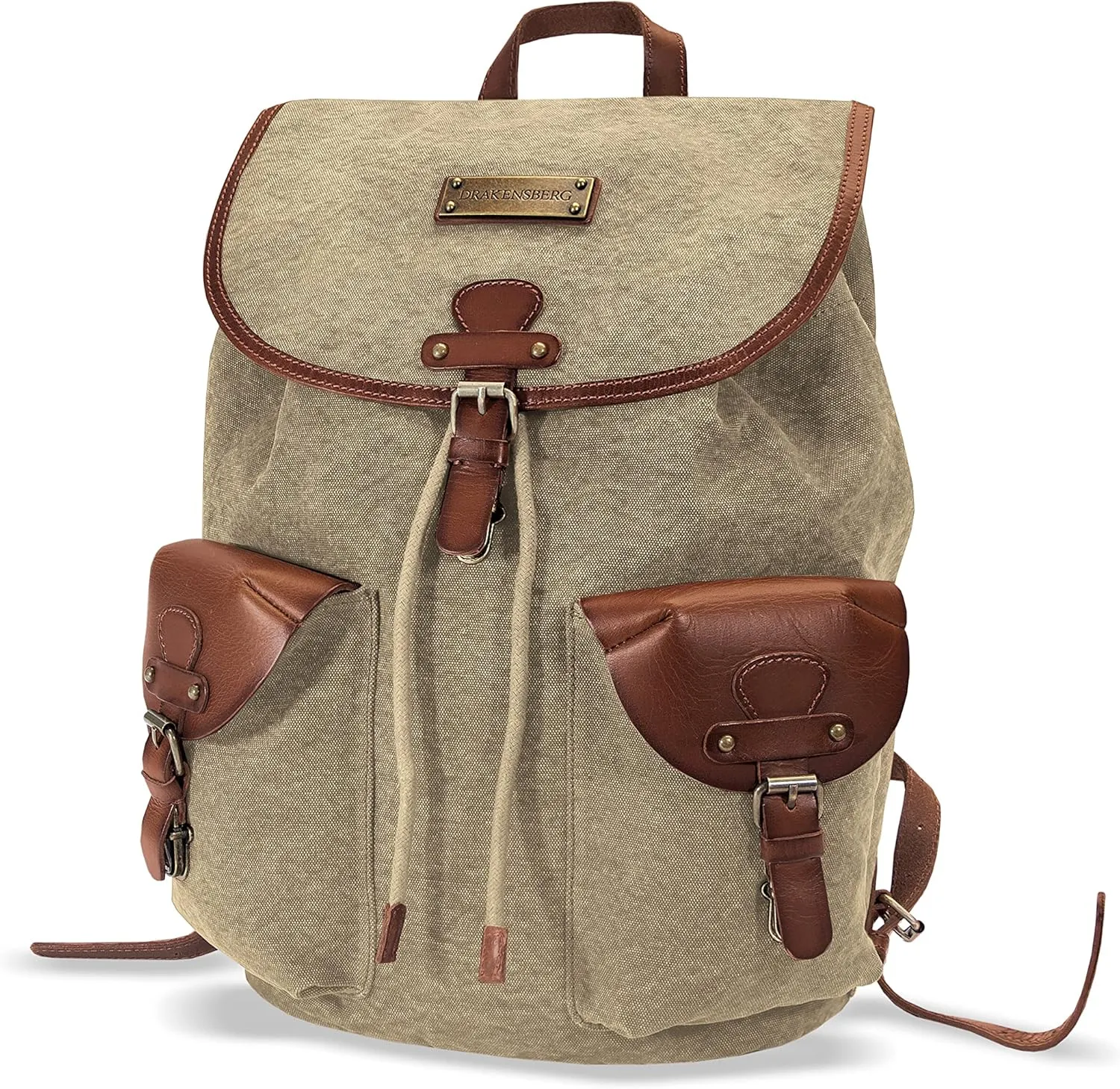 DRAKENSBERG Backpack 'Henrietta' - classy hiking and leisure daypack in retro vintage design, 13" laptop compartment, ladies, men, sustainably handmade, 20L, canvas, leather, khaki-beige, DR00107