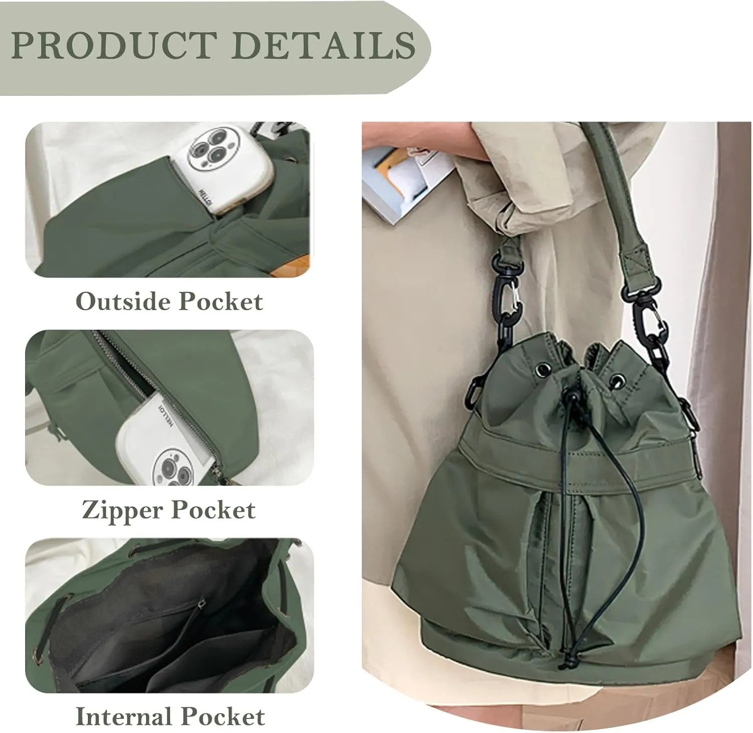 Drawstring Bucket Bag Nylon Crossbody Tote Bag Handbags for Women