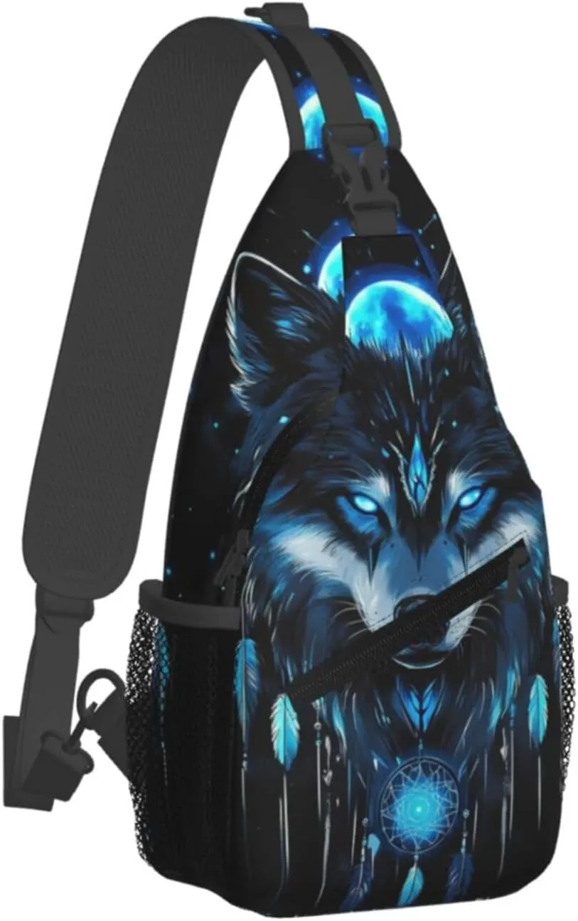 Dreamcatcher and Wolf Crossbody Bag with Abstract Picture Fitness Sports Travel Hiking Backpack Cute Animal Print Chest Bag Shoulder Bag for Women and Men