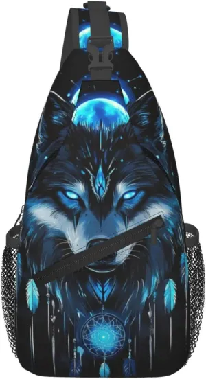 Dreamcatcher and Wolf Crossbody Bag with Abstract Picture Fitness Sports Travel Hiking Backpack Cute Animal Print Chest Bag Shoulder Bag for Women and Men