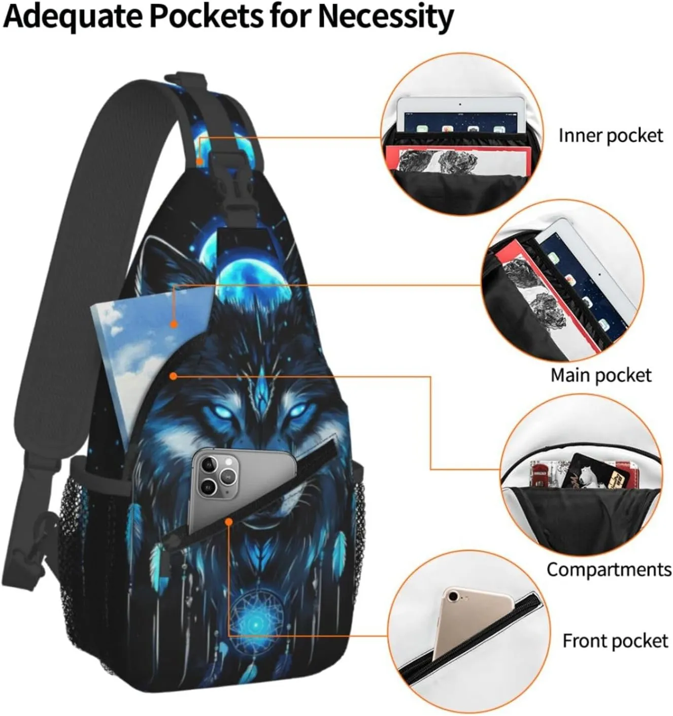 Dreamcatcher and Wolf Crossbody Bag with Abstract Picture Fitness Sports Travel Hiking Backpack Cute Animal Print Chest Bag Shoulder Bag for Women and Men